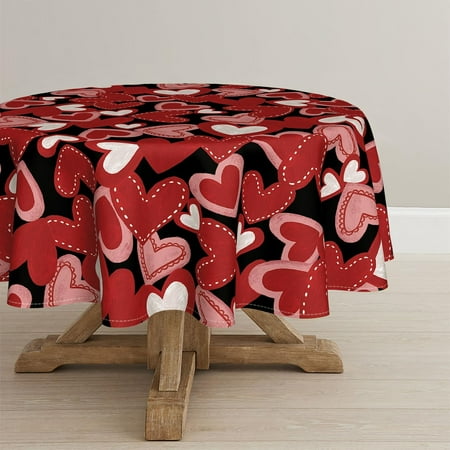

Valentine s Day Tablecloth 60×60 Inch Round Red Love Hearts Black Washable Table Cover for Party Picnic Dinner Decor
