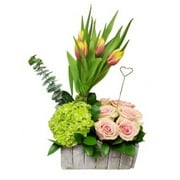 Modern Arrangement with Vase, For Mother's Day Fresh Roses, Hydrangea and Tulips, Colors Vary