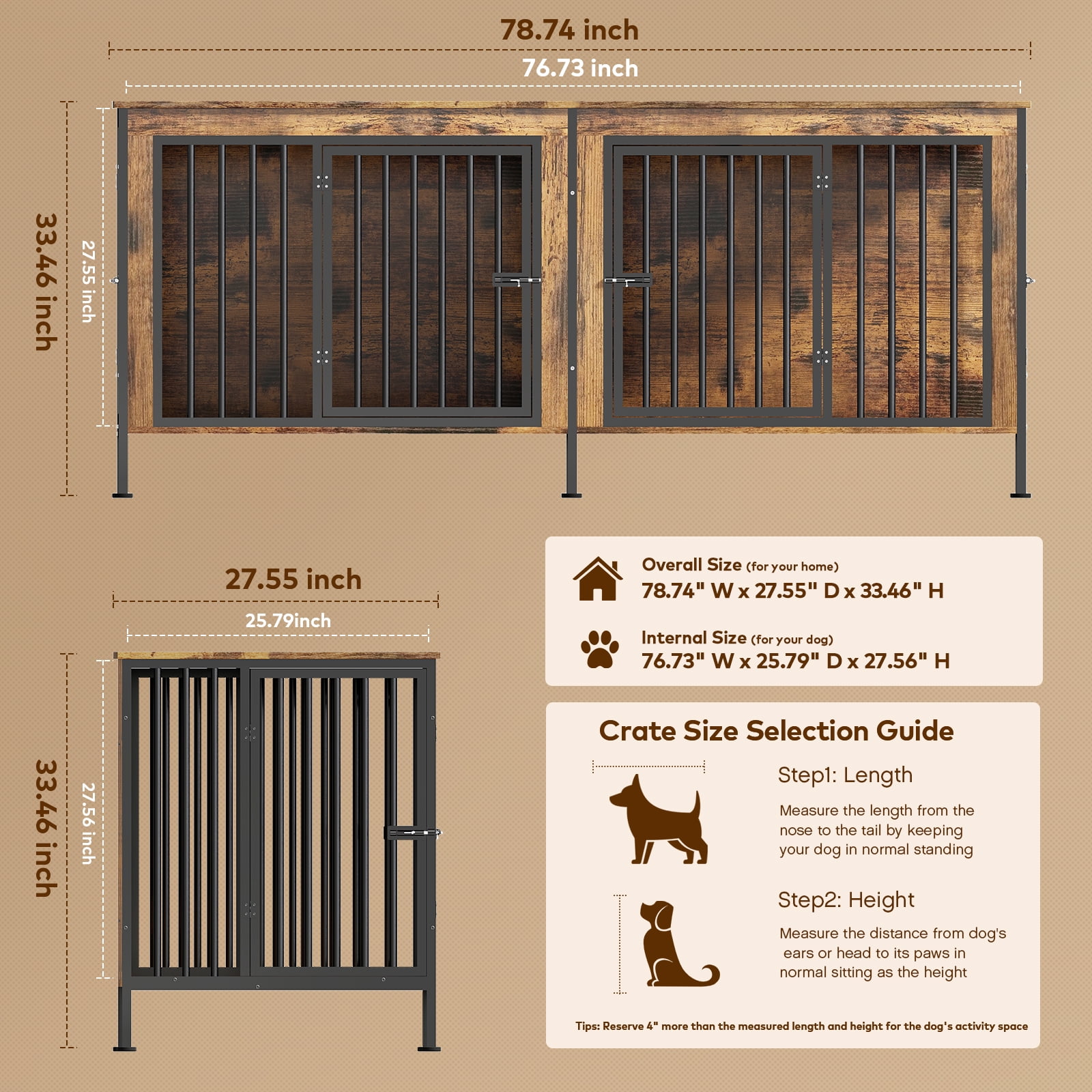 TIME RAY 78 Inch Dog Crate Furniture for Large Dog,Wood Dog Kennel Furniture Indoor with Removable Divider,Dog Cage Furniture as TV Stand,Brown