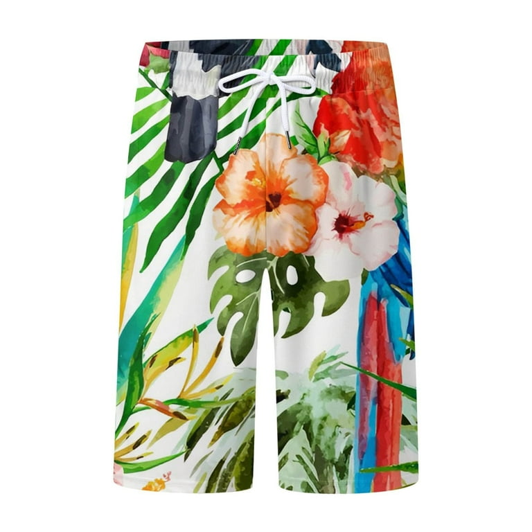 Basketball Shorts Men Hawaiian Pocket Elastic Waist Print Beach