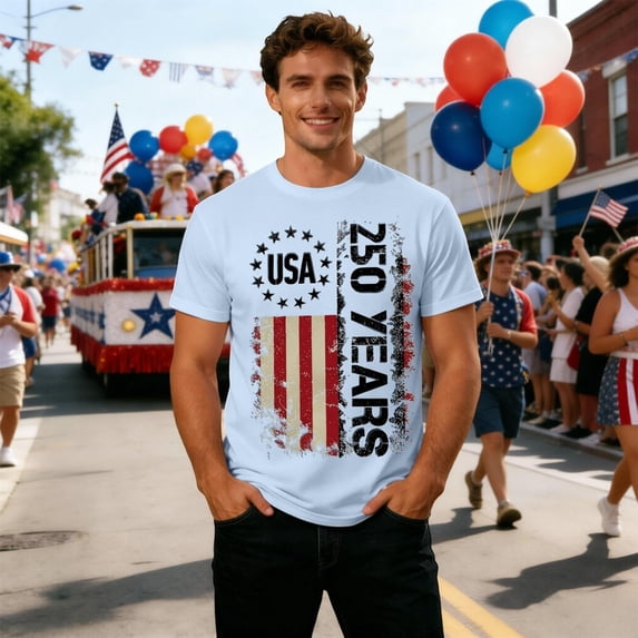 FINALGANG Mens 250 Years Distressed Vintage USA Flag Print Short Sleeve Crewneck Tee Casual Patriotic T Shirt For 4th Of July Independence Day Wear Light Blue XXXL