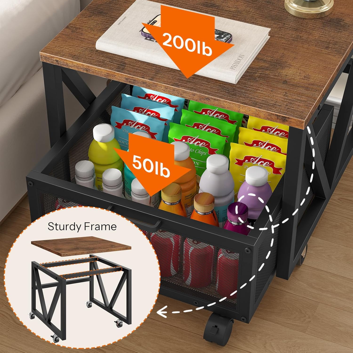 Mini Fridge Stand with Movable Storage Basket and Wheels, Sturdy Metal Frame for Home Office Dorm Rustic Brown Black