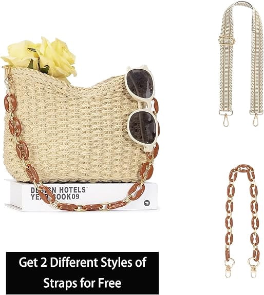 Small Handmade Straw Pocketbook Crossbody Bag for Women, Summer Chic Woven Handbag Shoulder Purse with Chain