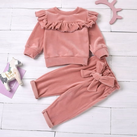 

aturustex Baby Girls Velvet Outfit Sets Ruffle Round Neck Pullover Top +Bowknot Pants Plush Warm Fall Clothes