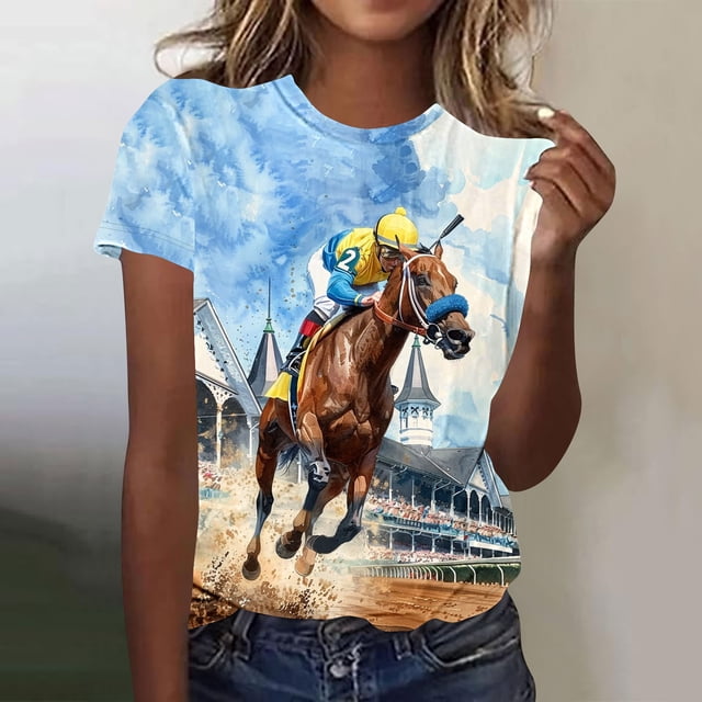 VKOYWKM Chemises Habillées Horse Racing pour Femmes Décontractées à Manches Courtes T-Shirts d'Été Tendance T-Shirts Graphiques Cheval Coupe Ample Col Rond T-Shirts Grande Taille Hauts