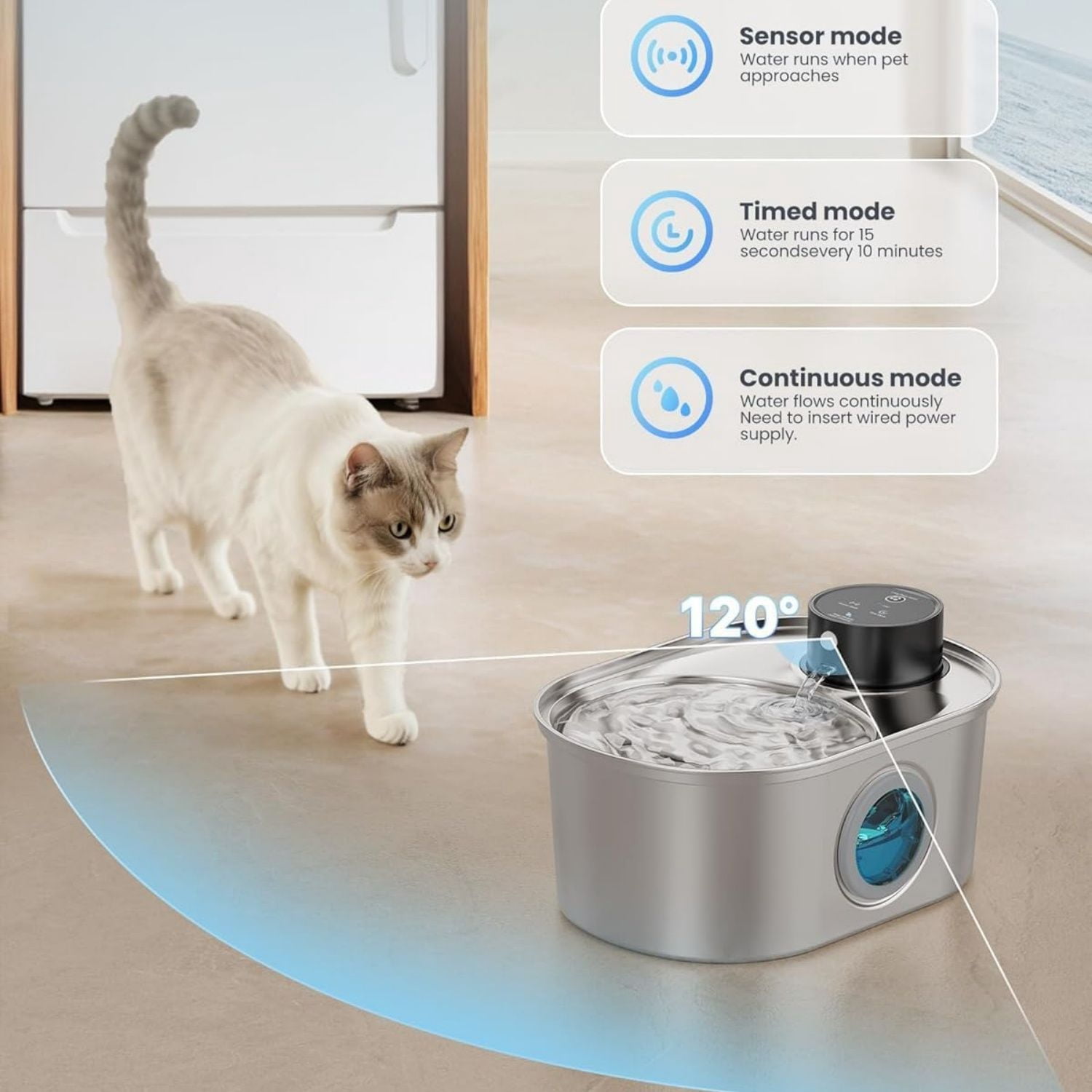 Battery Operated Stainless Steel Pet Fountain, Automatic Cordless Water Dispenser Indoor, Metal Faucet Bottle for Drinking, Rechargeable Dog Water Bowl with 1 Filter