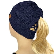 C.C Criss Cross Ponytail Messy Buns Knit Stretchy Beanie Winter Cap Hat (Solid Navy)