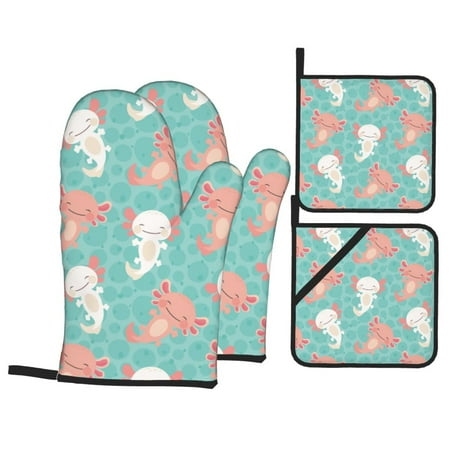 

Oven Mitts and Pot Holders Sets 4 pcs Cartoon Cute Axolotl Green Non-Slip Oven Gloves Potholders Soft Quilted Lining Heat Resistant Gloves Hot Pads for Kitchen Cooking Baking