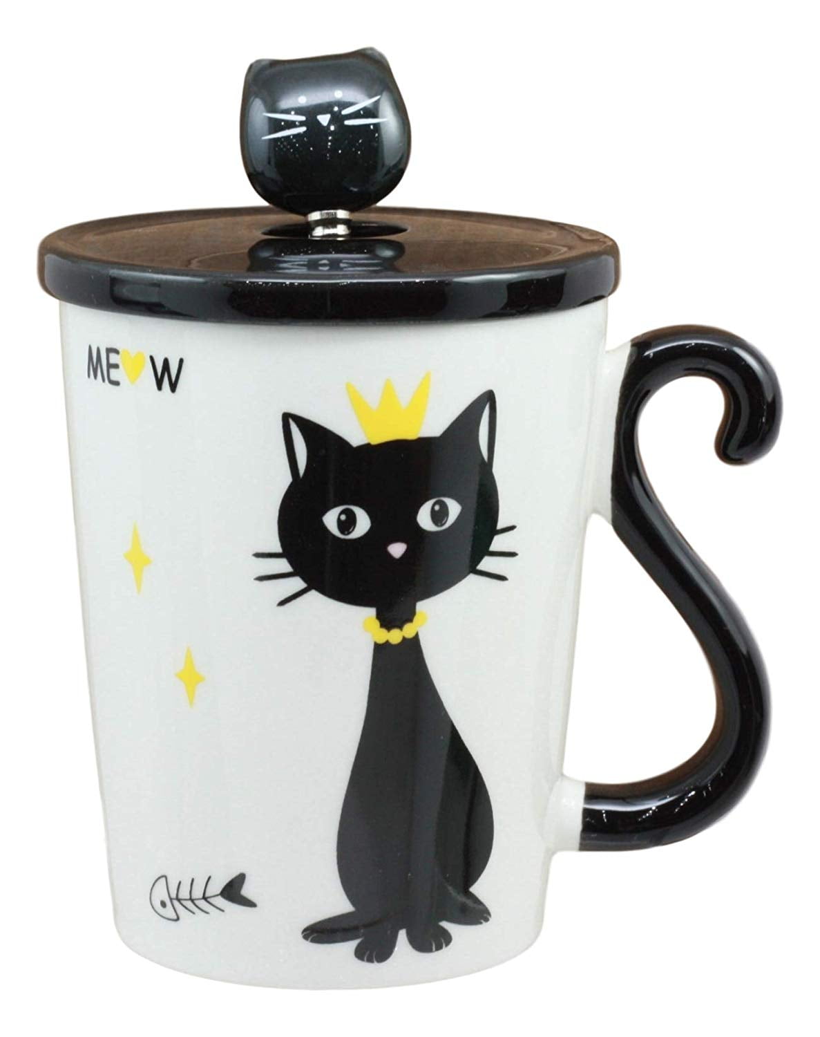 Ebros Witching Hour Black Cat With Golden Crown Ceramic Coffee Tea Mug Drink Cup With Kitty Spoon And Lid 10oz Animal Kittens Or Cats Decor Collectible Kitchen Accessory For Kids and Adults