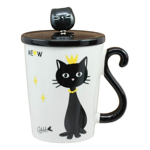 Ebros Witching Hour Black Cat With Golden Crown Ceramic Coffee Tea Mug Drink Cup With Kitty Spoon And Lid 10oz Animal Kittens Or Cats Decor Collectible Kitchen Accessory For Kids and Adults