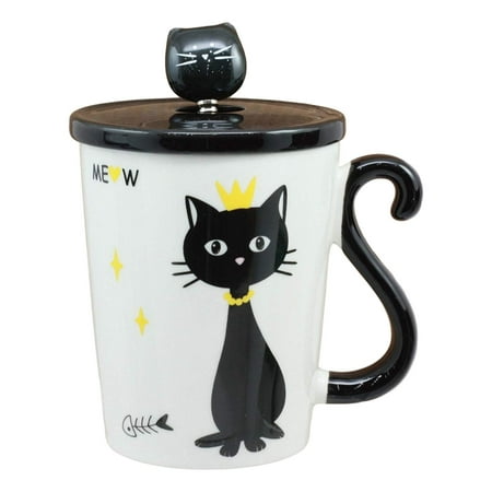 Ebros Witching Hour Black Cat With Golden Crown Ceramic Coffee Tea Mug Drink Cup With Kitty Spoon And Lid 10oz Animal Kittens Or Cats Decor Collectible Kitchen Accessory For Kids and