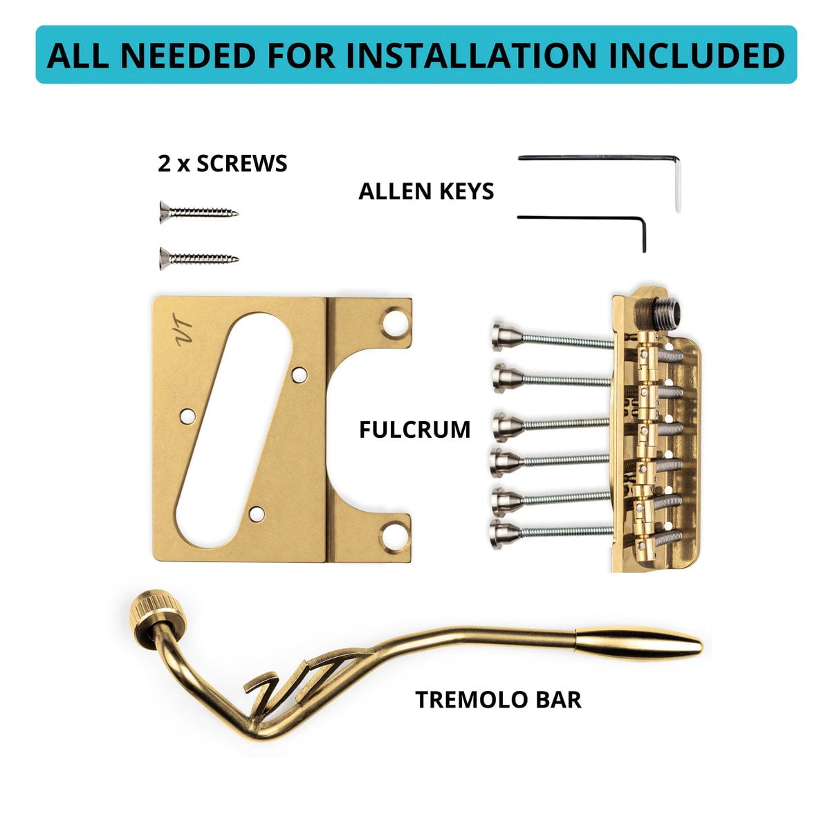 Vega-Trem VT2ND TeleTrem Classic Gold  No-Drill Tremolo for Telecaster-Style Guitars Classic 71 mm Layout, Patented 3-Pair Independent Brass Saddles, Tension-Adjustable