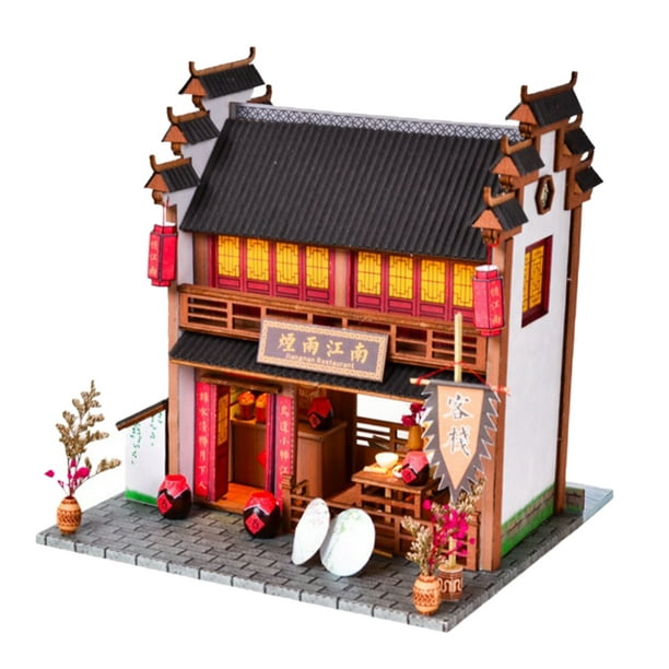 Lipstore 1/24 Scale Diy Handmade Miniature Dollhouse Kits Chinese Inn With Furniture Led Multicolor 20x19x21cm