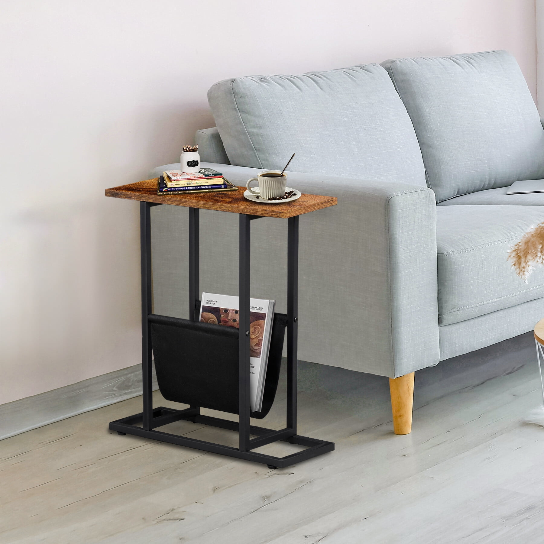 HomGarden 17.7"L x 21.7"H Narrow Side Table Small Metal End Table W/Storage Holder for Sofa Couch Bed, Rustic Brown
