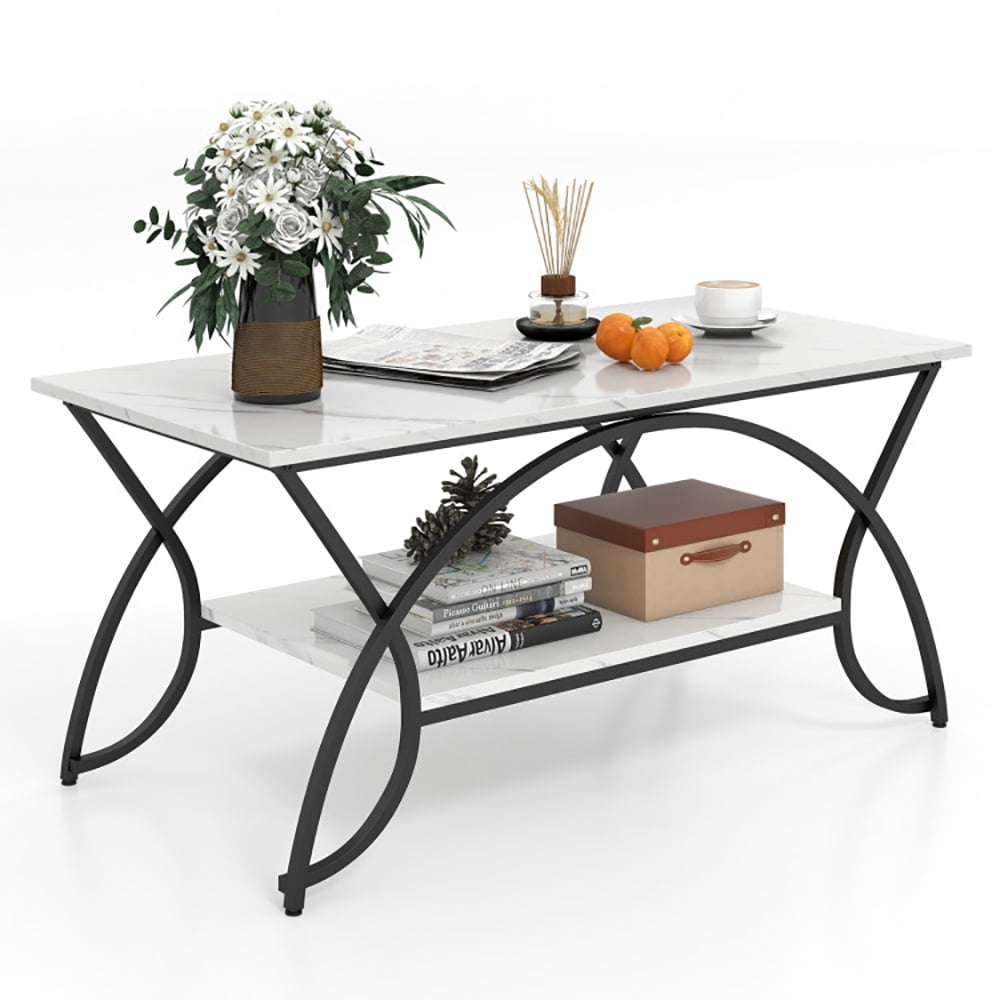 Finihen Coffee Table, Rectangular Coffee Table, 2-Tier Faux Marble Coffee Table with Marble Top and Metal Frame, for Living Room, Reception Room, Black & White Finihen Coffee Table, Rectangular Coffee Table, 2-Tier Faux Marble Coffee Table with Marble Top and Metal Frame, for Living Room, Reception Room, Black & White