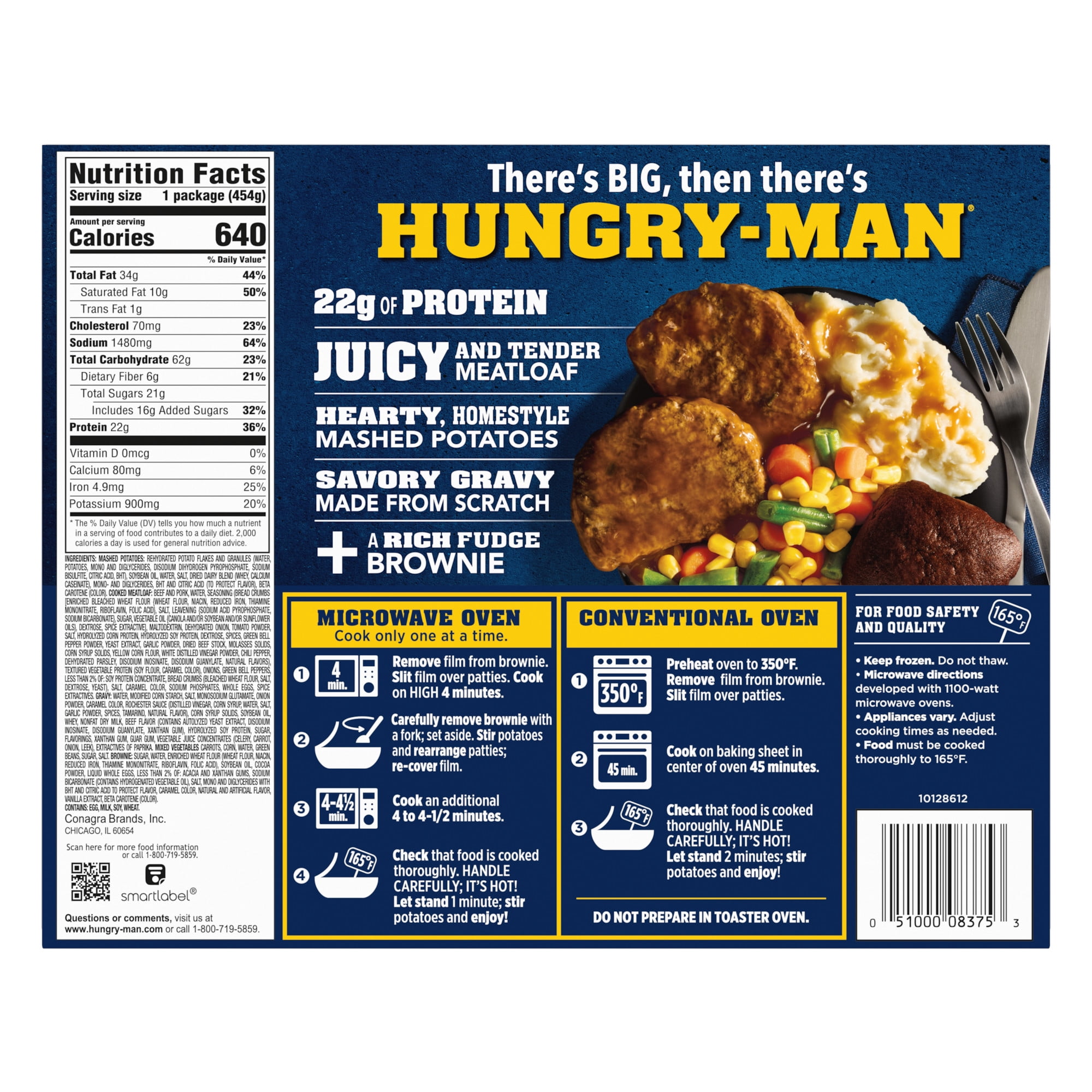 Hungry-Man Home-Style Meatloaf, 22g of Protein, 6g of Fiber, Frozen Meal, 16 oz