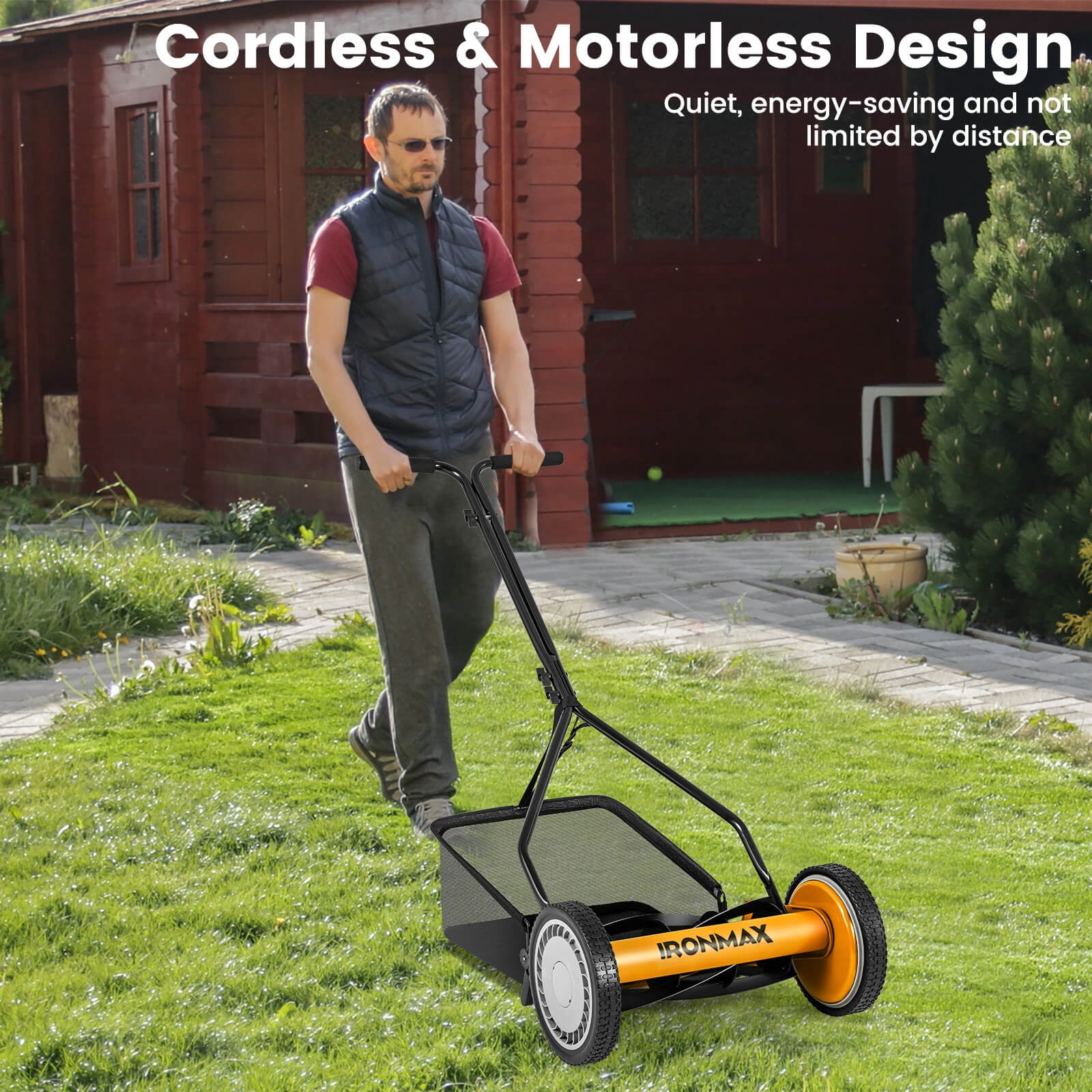 Ironmax Push Lawn Mower, Cordless 14” Manual Reel Mower, Adjustable Cutting Heights Orange + Black