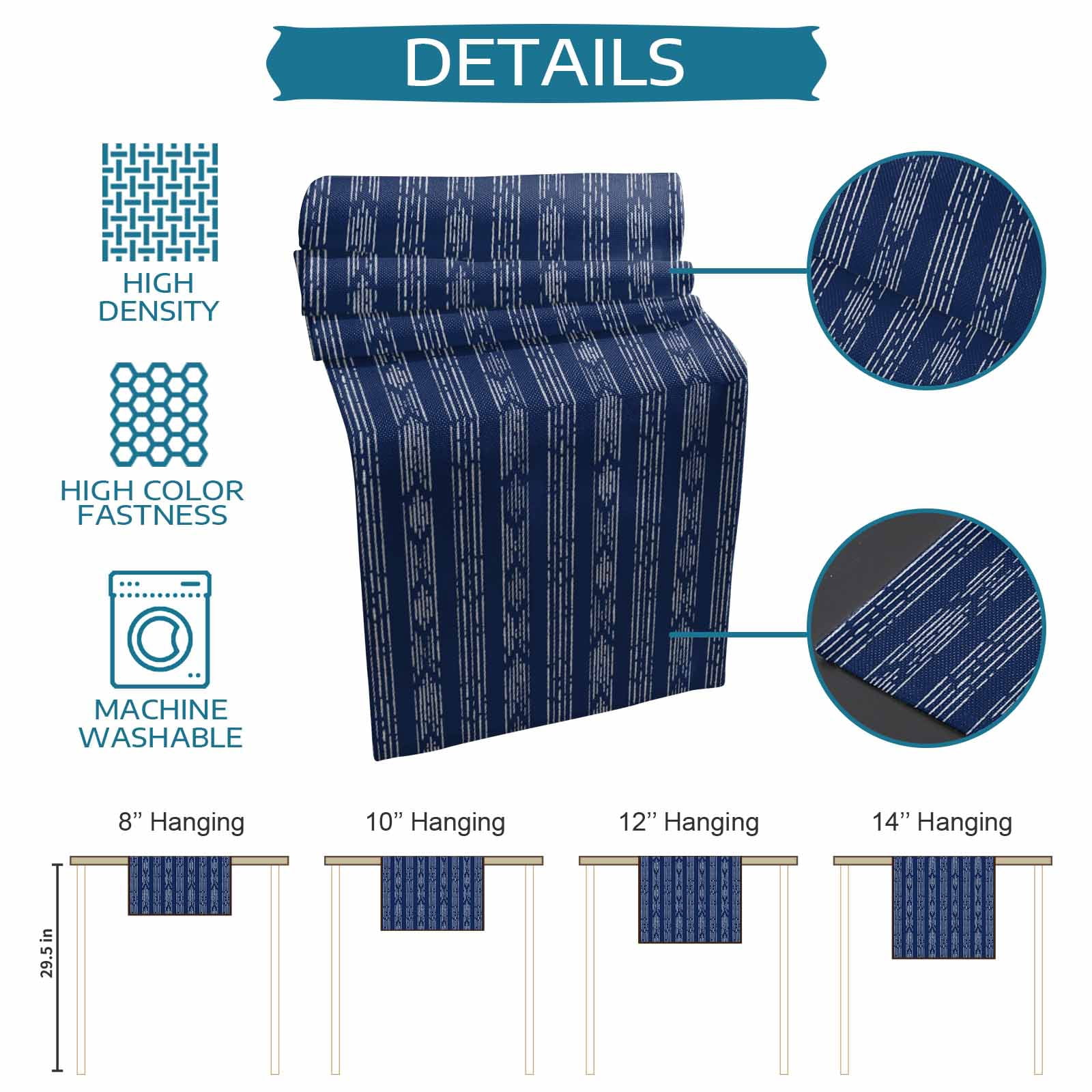Navy Blue Boho Table Runner 72 Inches, Bohemian Geometric Stripes Tribe Farm Bed Runner Dresser Scarves Tabletop for Indoor Outdoor Parties/Ceremony/Banquet, 18" x 72"