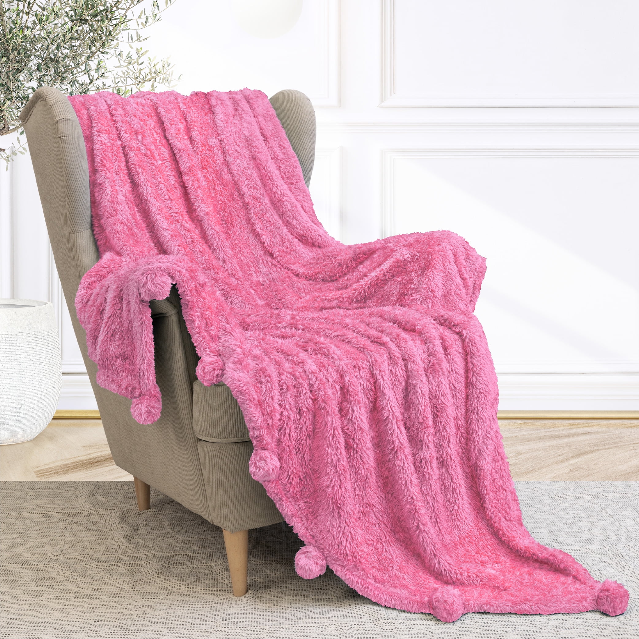 PAVILIA Sherpa Throw Blanket with Pom Pom Fringe Soft Polyester Cozy for Couch Bed Sofa Pink 50x60 in Walmart