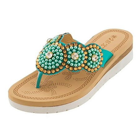 

Lyinloo Women Ladies String Bead Flat Flip-Flop Beach Casual Shoes Summer Green 41
