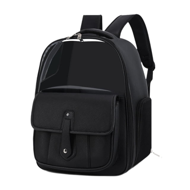 DOLITY Cat Carrier Backpack Transparent Window PU Leather Cats Puppy Bag for Walking Black