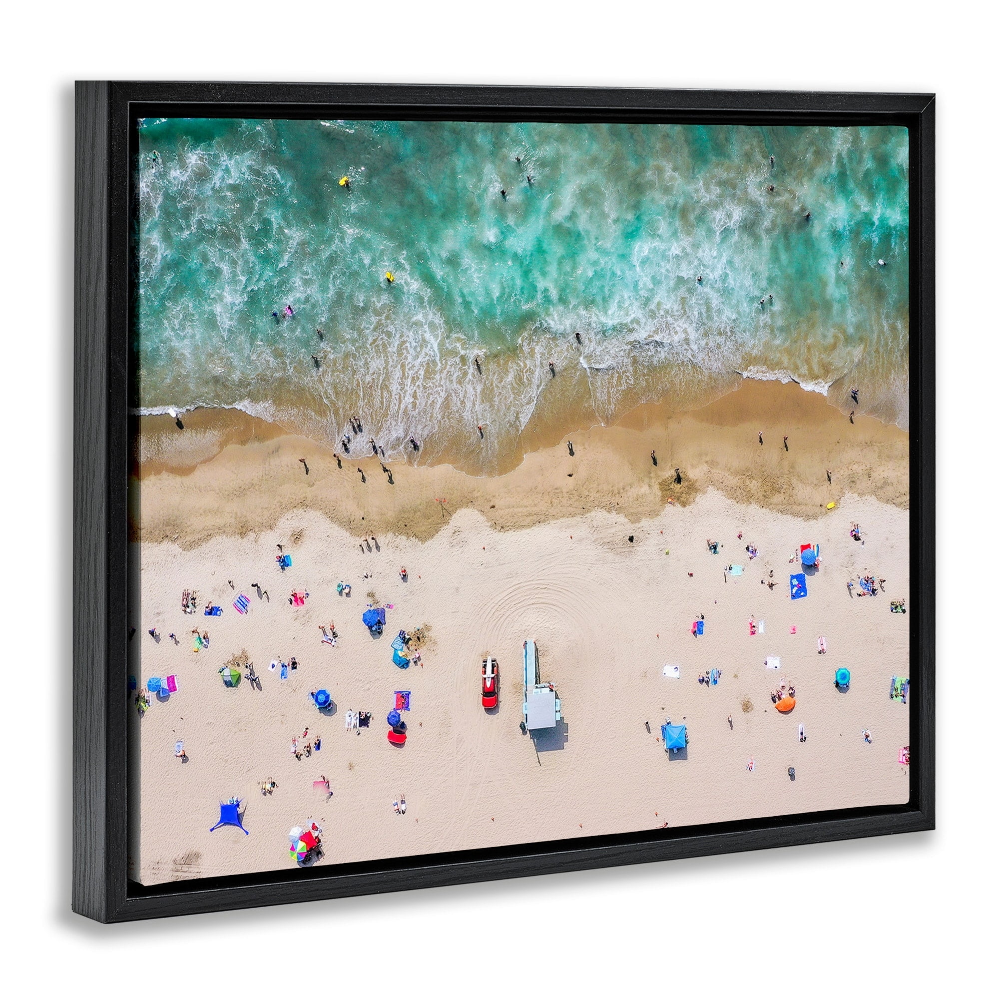 Stupell Industries Aerial View Busy Summer Beach Umbrellas People Swimming Photograph Jet Black Floating Framed Canvas Print Wall Art, Design by Jeff Poe Photography