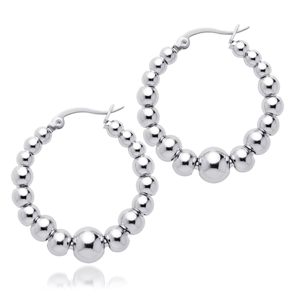 ‎555Jewelry Beaded Stainless Steel Hoop Earrings, Large Round Circle Beaded Steel Hoop Earrings, ‎Hoops Earrings for Women, Hypoallergenic Earrings for Women Hoops, Silver