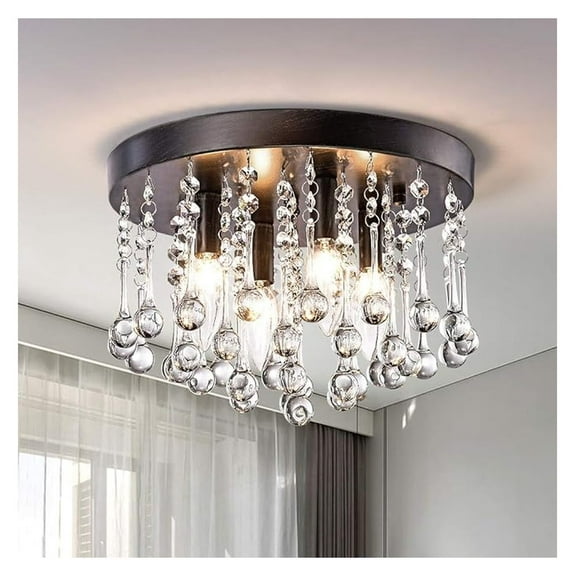 Modern Crystal Chandelier 4 Lights Flush Mount Ceiling Lighting Modern Raindrop Close to Ceiling Light Fixtures E12 Base Ceiling Light for Hallway Entry Way Dining Room Antique Black