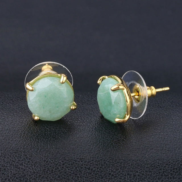 Round Pink Crystal Quartz Gem Beads Gold-Color Earring for Women Jewelry