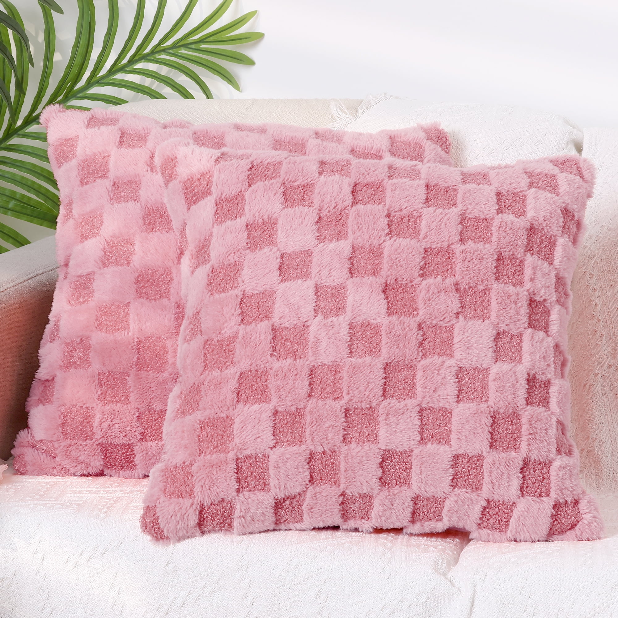 Unique Bargains 2 Faux Fur Soft Plaid Decorative Throw Pillow Covers Square Pillowcase Pink 18" x 18"