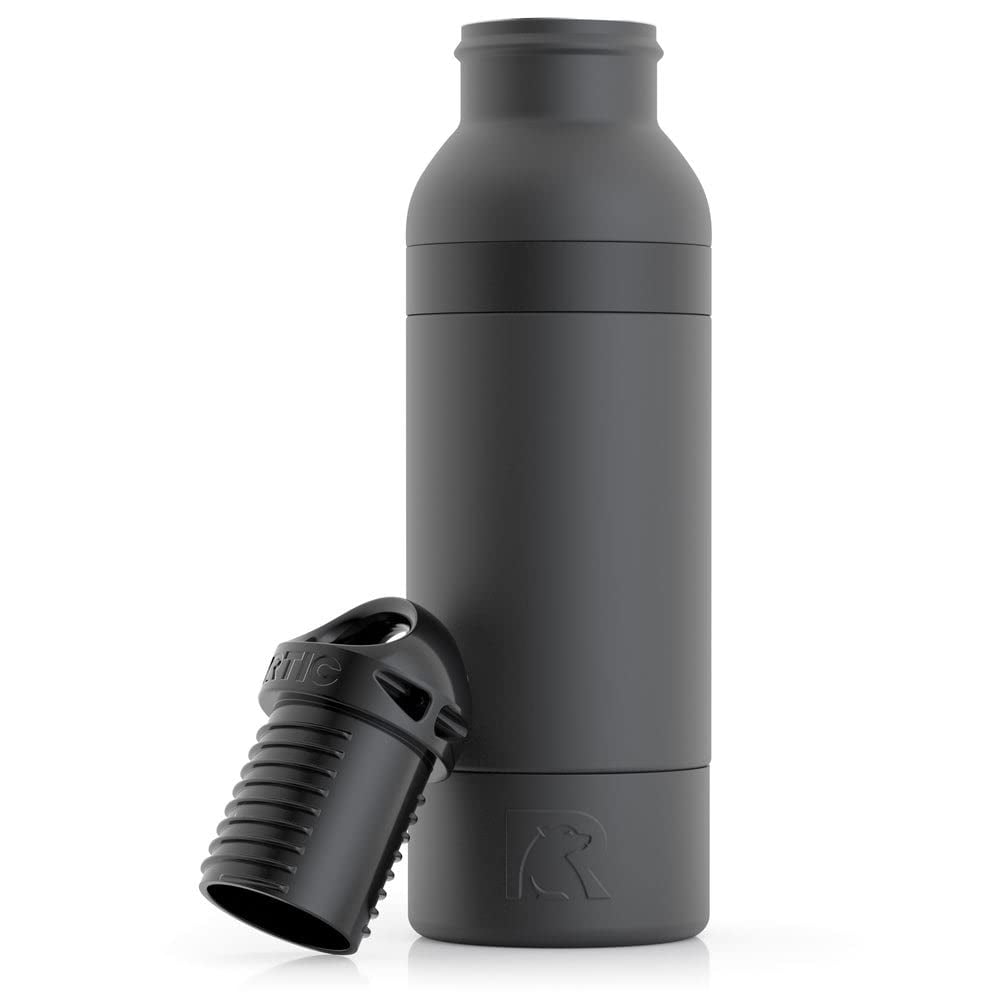 RTIC Bottle Chiller Water Bottle Insulated Cooler for 12oz Glass Soda Bottle or 16oz Aluminum Bottle, Double Wall Vacuum Insulation, Stainless Steel Sweat Proof with Built-In Bottle Opener, Black