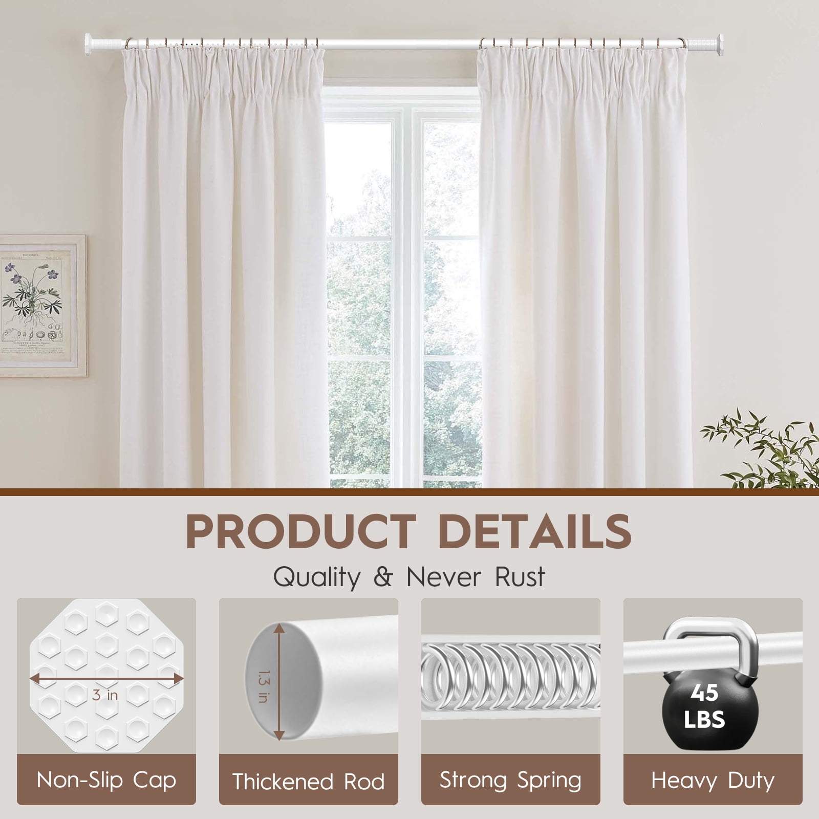 GIRACOA Octagon Tension Curtain Rod 51-148 Inches, Heavy Duty No Drill Adjustable Rod with 12 White Rings, Matte White