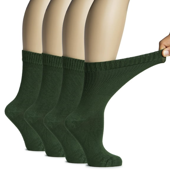 Hugh Ugoli Women's Bamboo Diabetic Crew Socks, Thin, Loose Fit, Soft, Wide Stretchy, Seamless Toe, 4 Pairs, Army Green, Shoe Size: 6-9