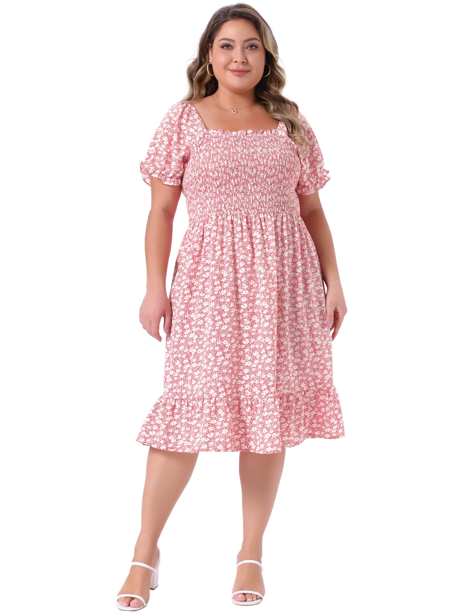 DARING DIVA Plus Size Flared Flowy Smock Ruffle Sleeve Floral Dress 1X Pink White