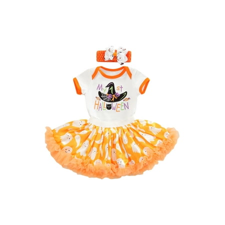 

ZIYIXIN Newborn Baby Girls My 1st Halloween Outfits Letter Print Short Sleeve Romper Ghost Print Tutu Skirt Headband Set Orange 3-6 Months