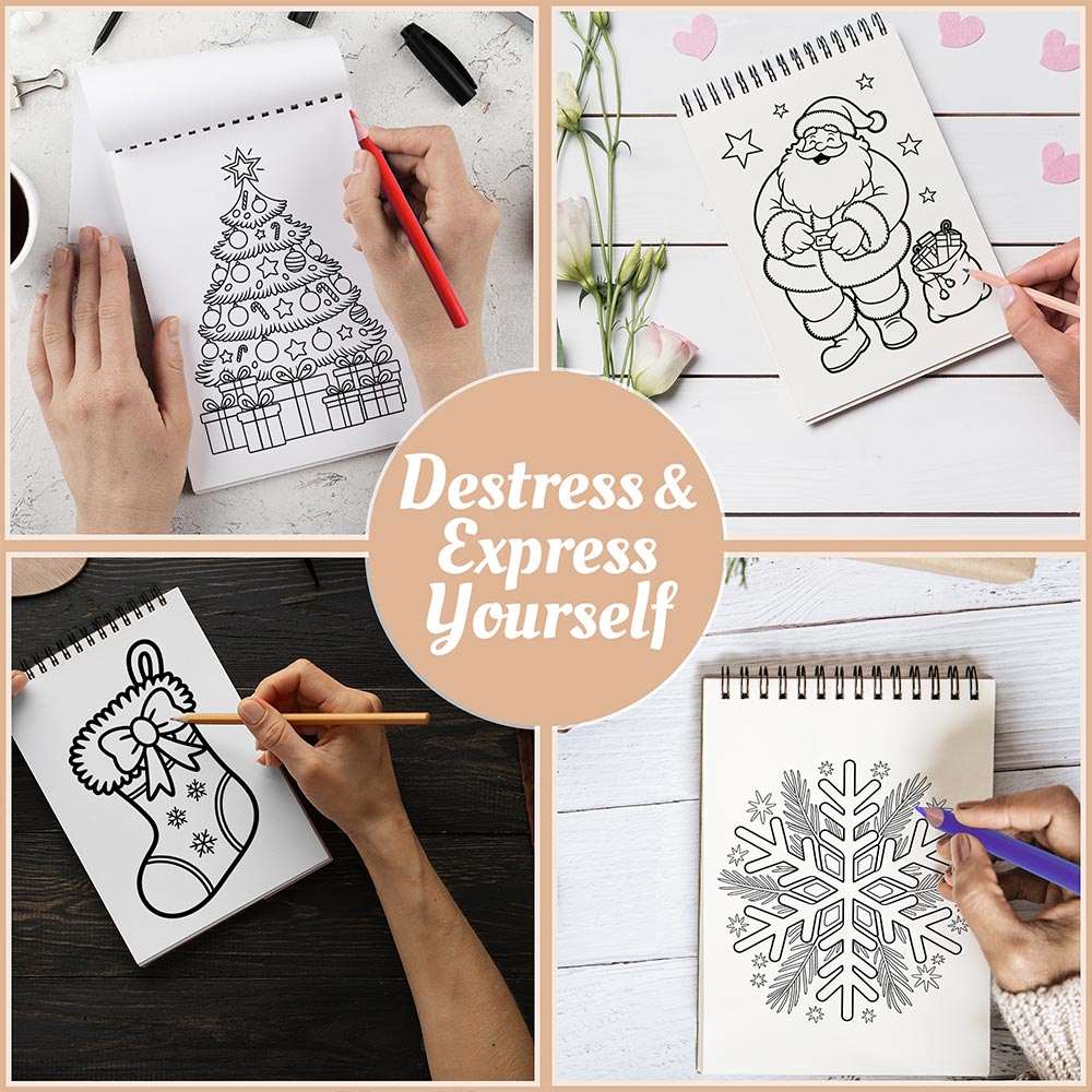 Netecom Large Print Christmas Coloring Book Spiral Bound for Adults, A5 Wooden Cover, 30 Stunning Coloring Pages of Cute Decorating the Christmas Tree for Stress Relief and Relaxation