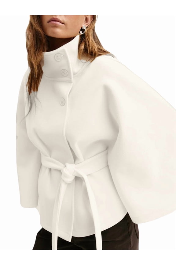 Women Batwing Sleeve Ponchos Pea Coat Wool Stand Collar Belt Capes Jacket Winter Cropped Overcoat White L