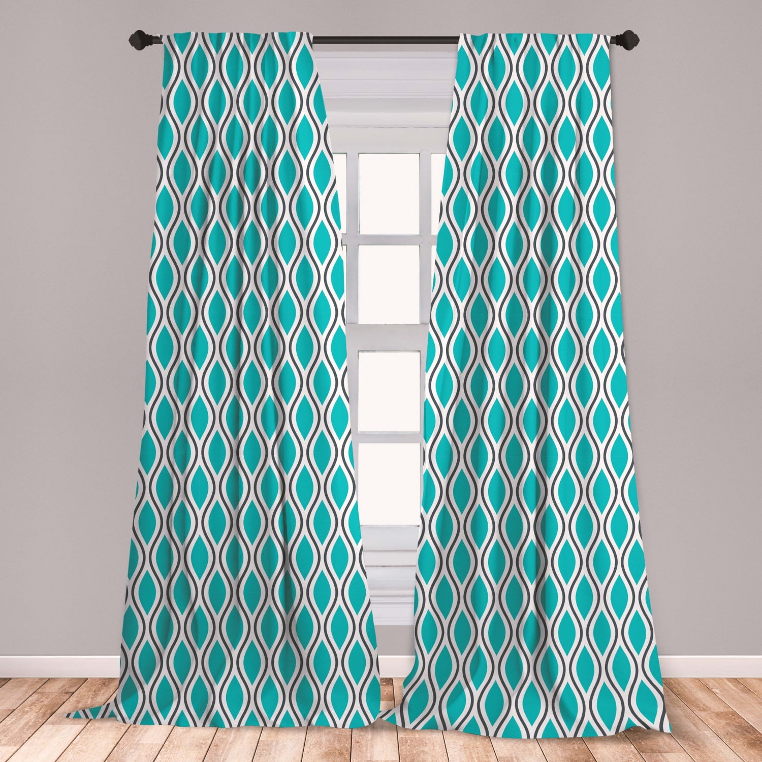Abstract Curtains 2 Panels Set, Vertical Wavy Lines Oval Double S Shapes Curves Ogee Pattern