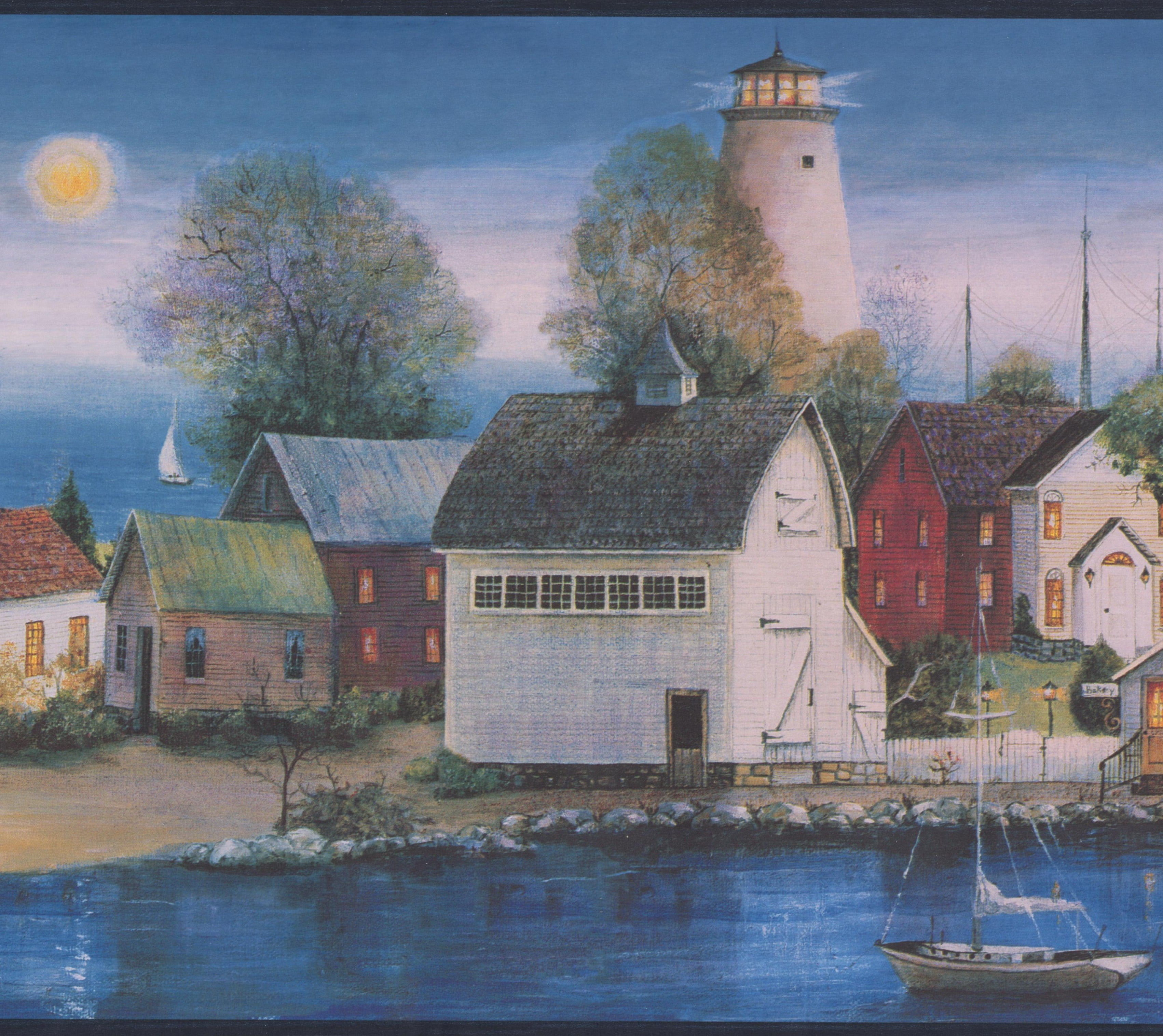 Wallpaper Border Sunset over Village on the Lake Lighthouse Boats