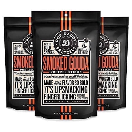 Pop Daddy Flavored Pretzels Sticks, Gourmet Pretzels Snacks, 7.5oz Individual Bags, 3 Pack, Smoked Gouda