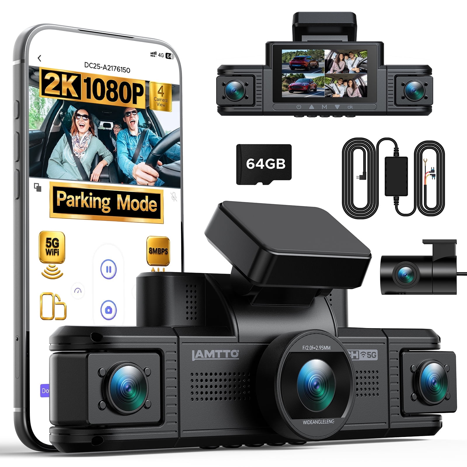 Lamtto 4 Channel Dash Cam, Front Rear Inside, 1080P FHD, 360Â
