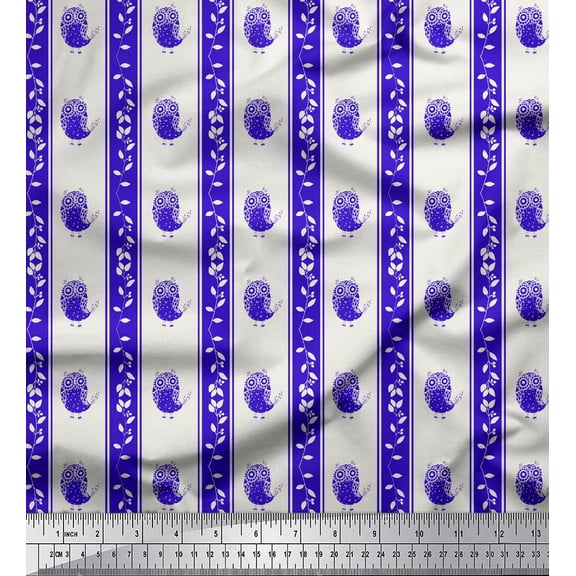 Soimoi Blue Cotton Voile Fabric Leaves & Owl Stripe Printed Craft Fabric by the Yard 42 Inch Wide