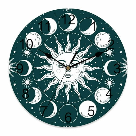 Wall Clock Celestial Sun and Moon Clocks PVC Silent Non-Ticking Battery Operated Decorative Green Starry Galaxy Boho Round Clock for Home Living Room Kitchen Bedroom Office School Wall Decor 14 Inch