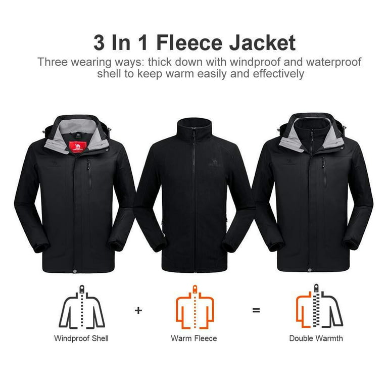 CAMEL CROWN Men's Ski Jacket with Inner Fleece 3 in 1 Waterproof Winter  Jacket 