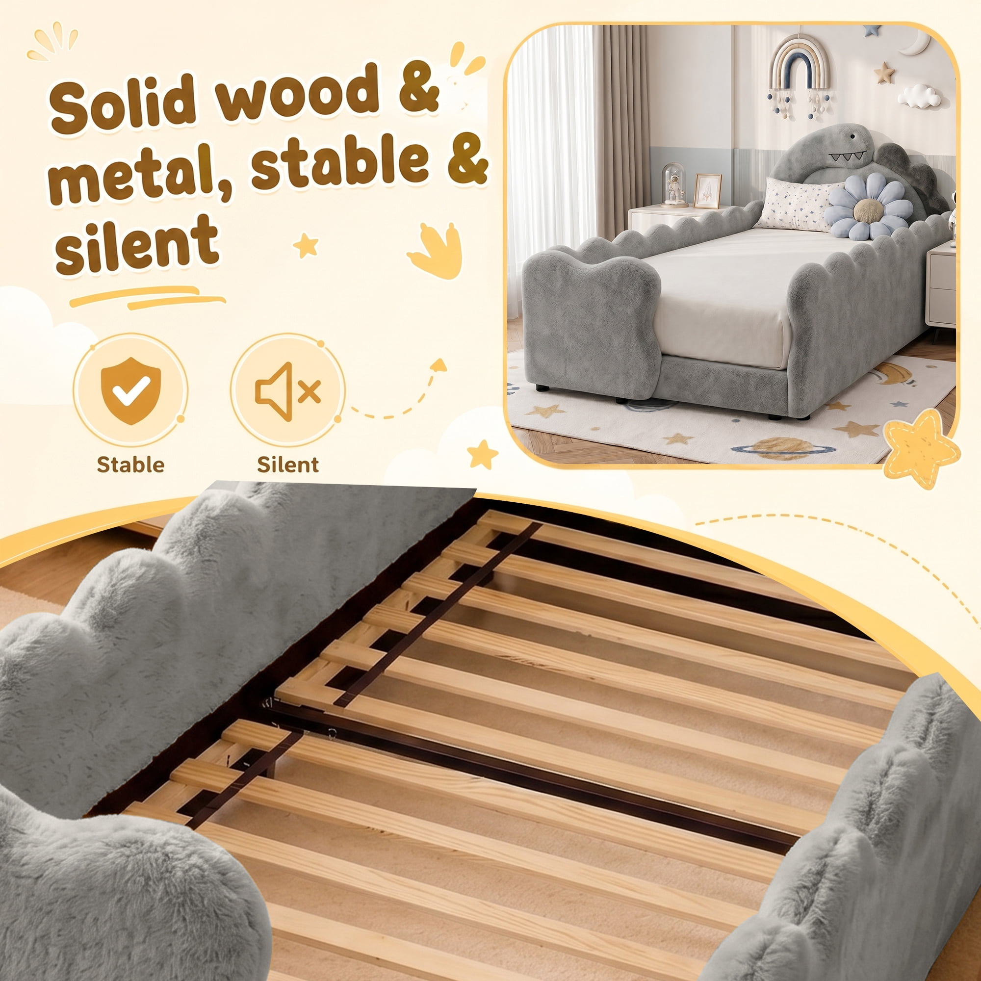 Avobird Twin Size Cute Dinosaur-Shaped Kids Bed with Safety Guardraild, Solid Wood Toddler Bed Frame for Children for Bedroom, Boucle Fabric, Gray