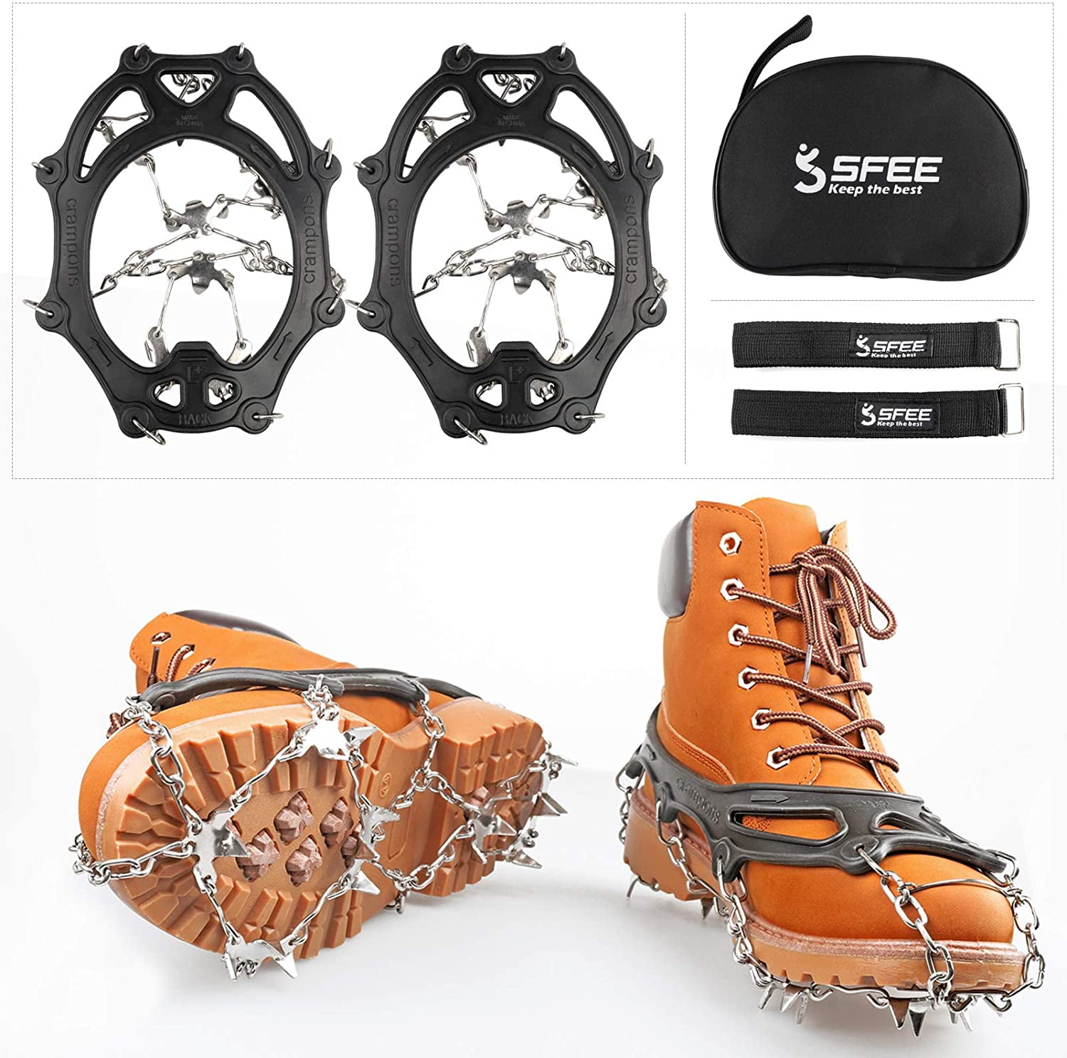 Sfee Crampons for Winter Boots, Upgraded Ice Cleats Stainless Steel  Microspikes Women Men Anti Slip Ice Traction Cleats Grips with Straps,  Perfect for