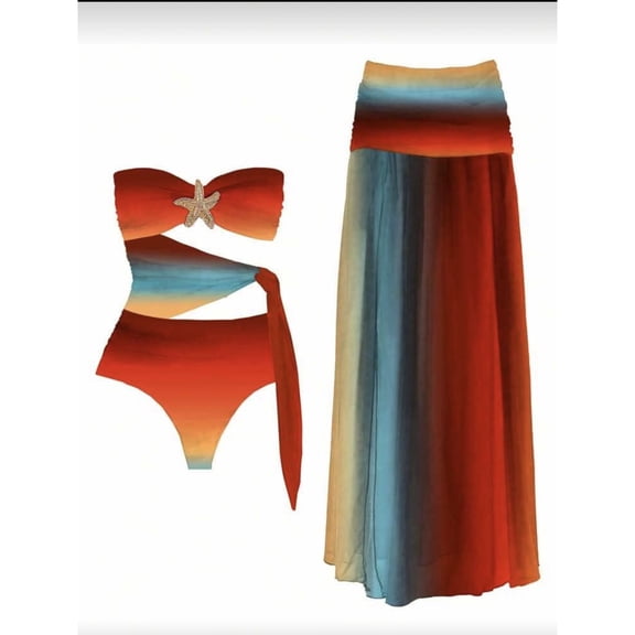 UTSJKR Women's 2026 Island Vacation Bandeau Skirted Bikini Set, Split Sexy Resort Style Bathing Suit, Beach Swimwear Multicolor M