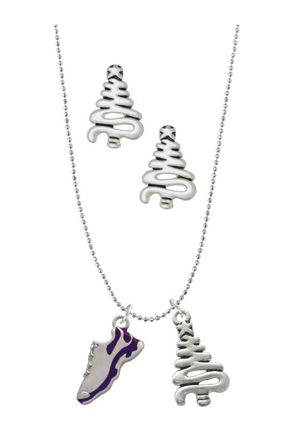 Silvertone Purple Running Shoe Silver tone Zig Zag Christmas Tree Charm Necklace and Stud Earrings