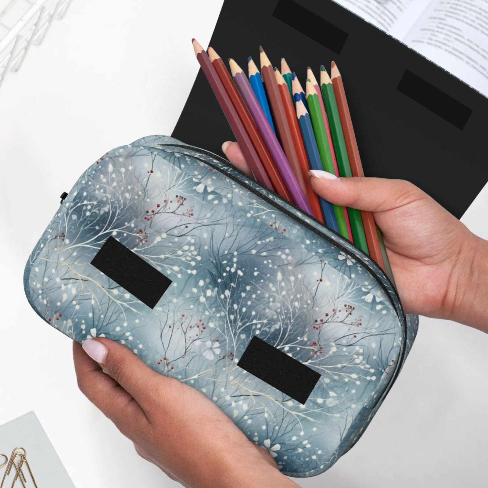Rateoe enchanted winter snowflake holly Pattern Double Clamshell Pen Case, Storage Organizer with Two Zipper Compartments– Holds Up to 50 Pencils & Pens