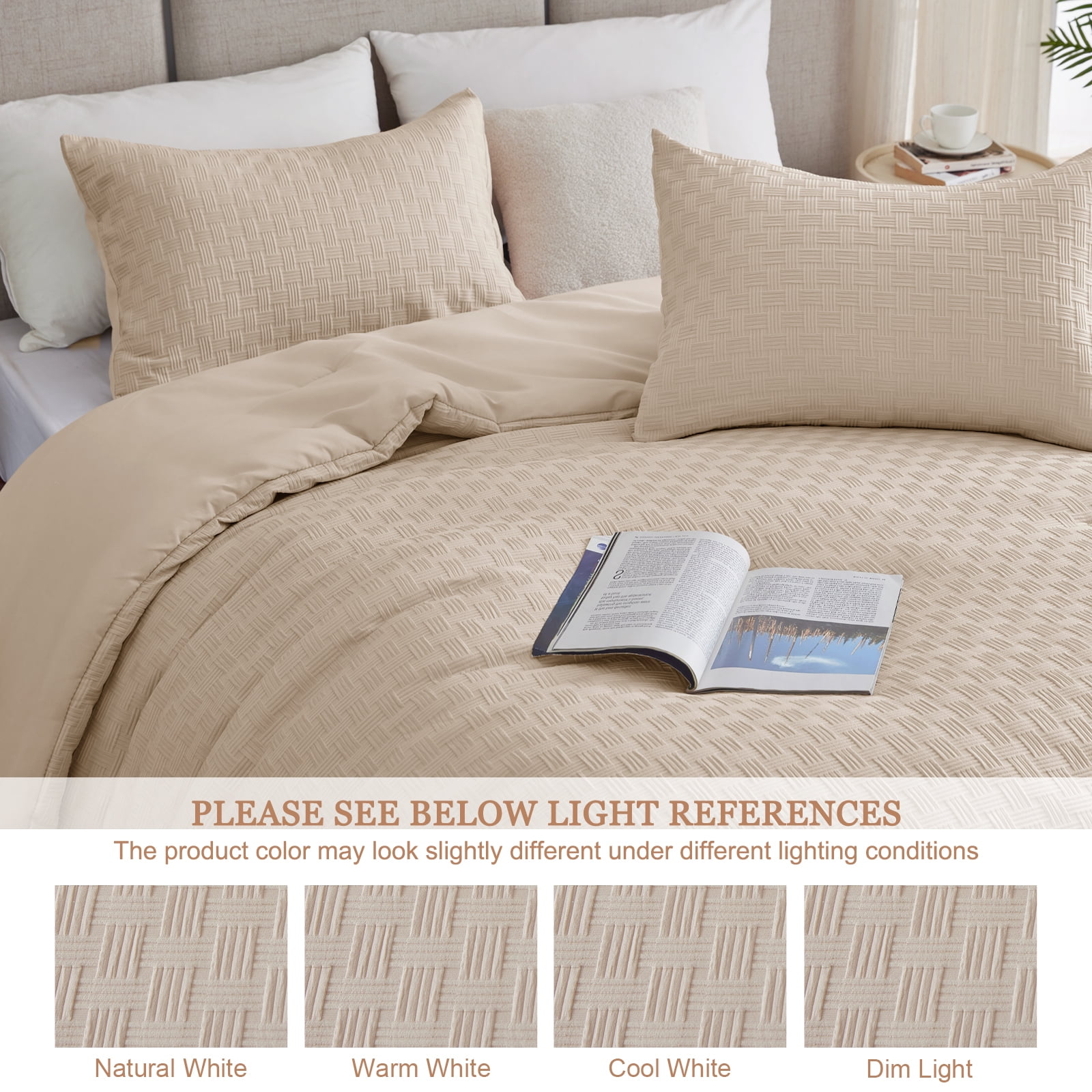 Whale Flotilla 3-Piece Jacquard Braid Ultra Soft Queen Comforter Set, Luxury Reversible Microfiber Comforters Full Size Bedding Set with 2 Pillowcases, Lightweight Duvet for All Seasons, Beige